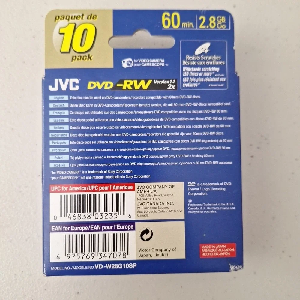 JVC DVD-RW 60 Min 2.8GB/Go‎ Set of 10 - NEW SEALED